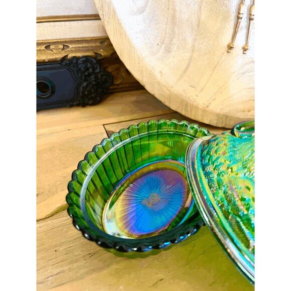 Vintage Westmoreland Mould Hunter Green Carnival Glass Rooster on Nest – Mosser - Picture 3 of 5